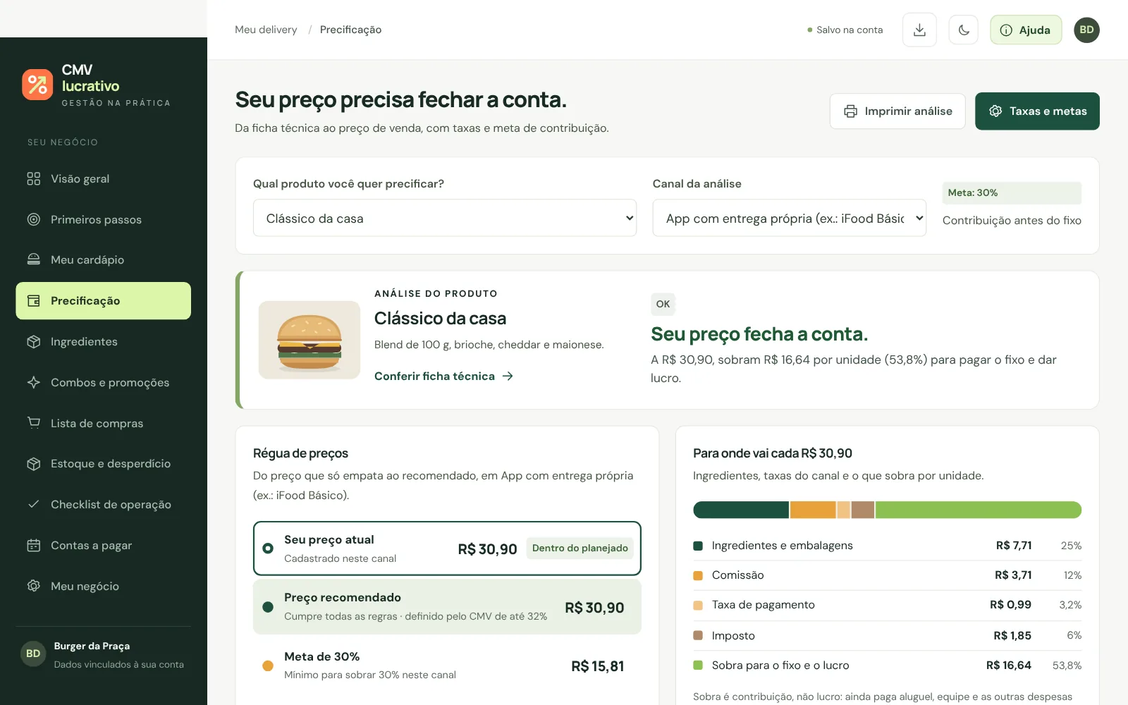 Tela de precificação com régua de preços