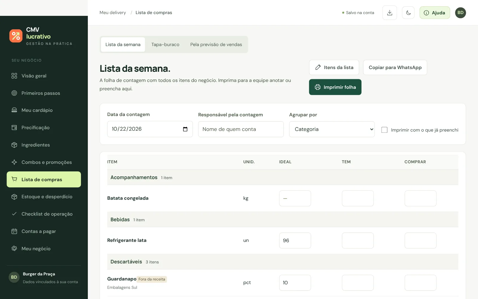 Lista de compras da semana