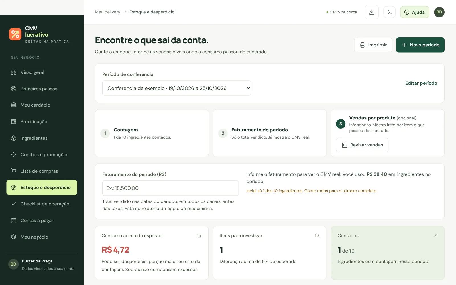 Estoque e CMV real do período